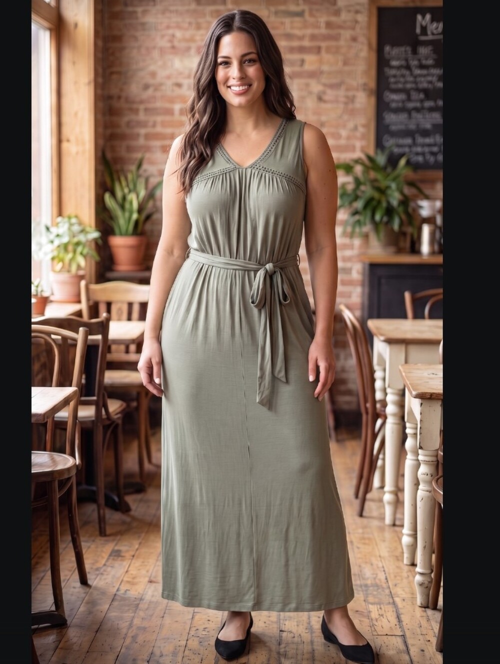 LANE BRYANT Olive Green Maxi Dress with Tie Waist